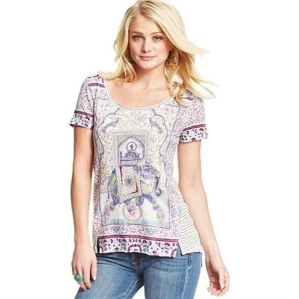 Lucky Brand White Elephant Print Tee T Shirt M Medium Striped Shimmer
